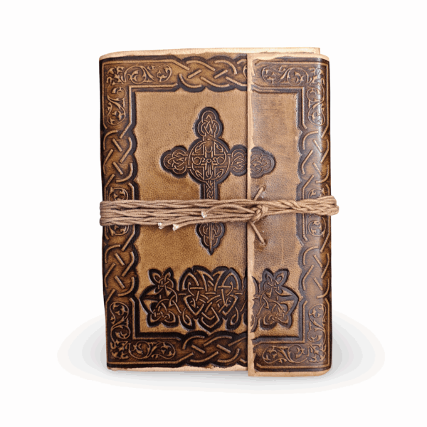 Handcrafted Brown Leather Notebook with Celtic Cross Embossed Cover and Wrap Tie
