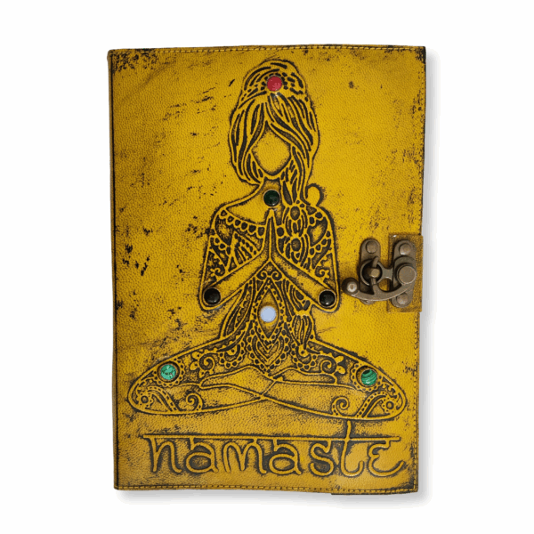 Namaste Design Leather Journal with 7 Stones and Lock – Yellow Cover Dairy 7x10